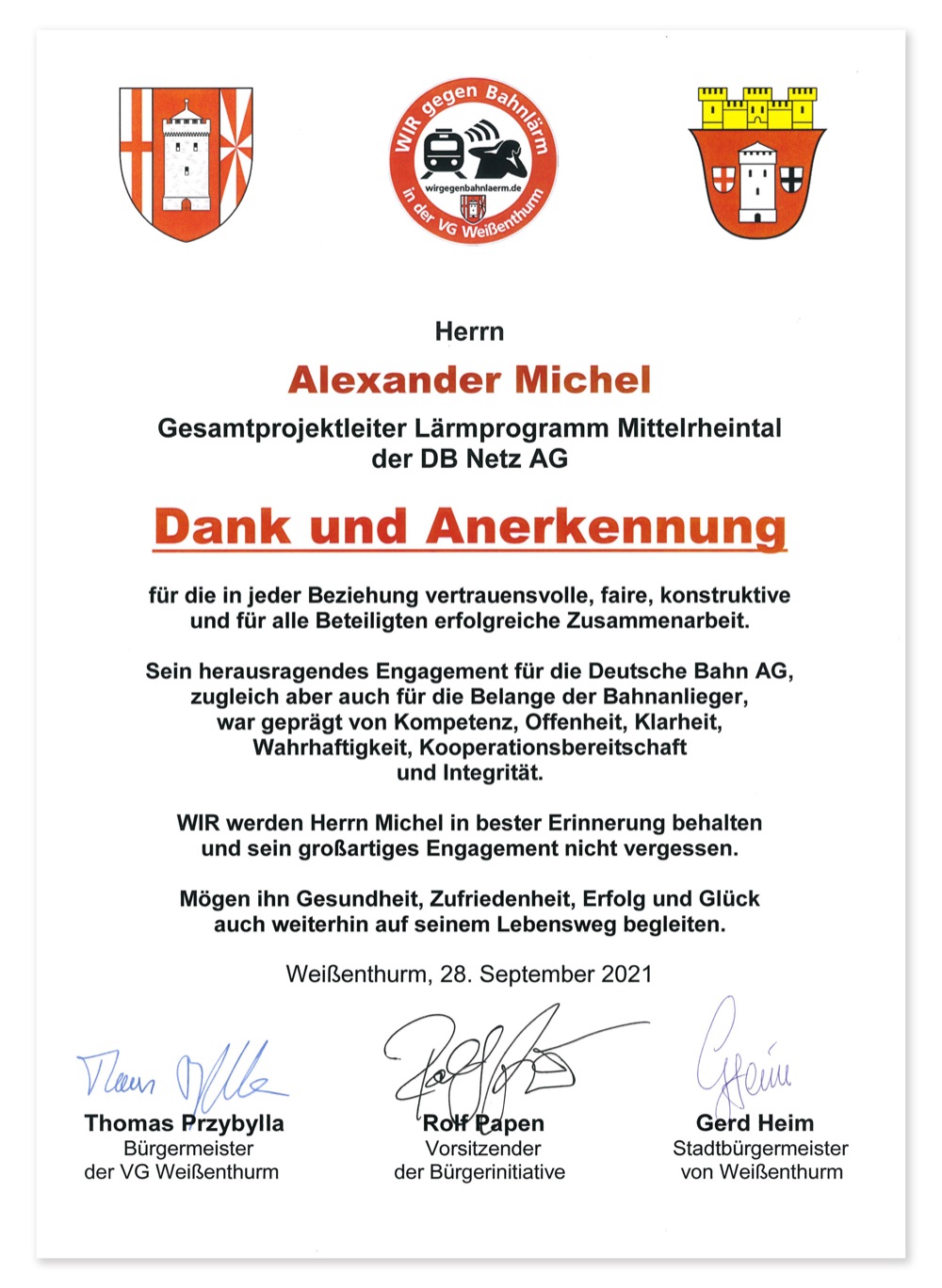 Urkunde „Dank und Anerkennung“ für Alexander Michel als Gesamtprojektleiter des Lärmprogramms Mittelrheintal der DB Netz AG